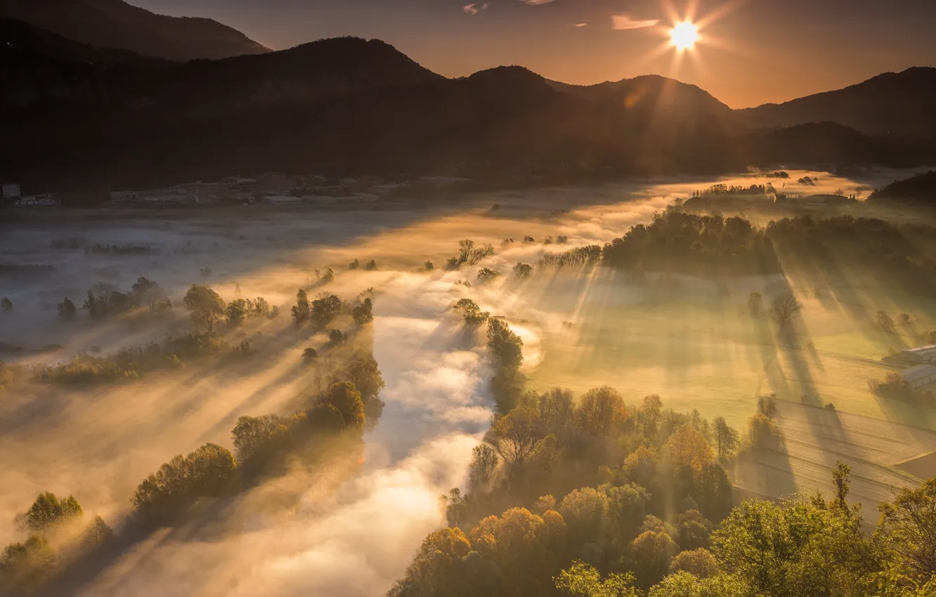 Photo wallpaper rays, light, mountains, nature, fog, river, valley