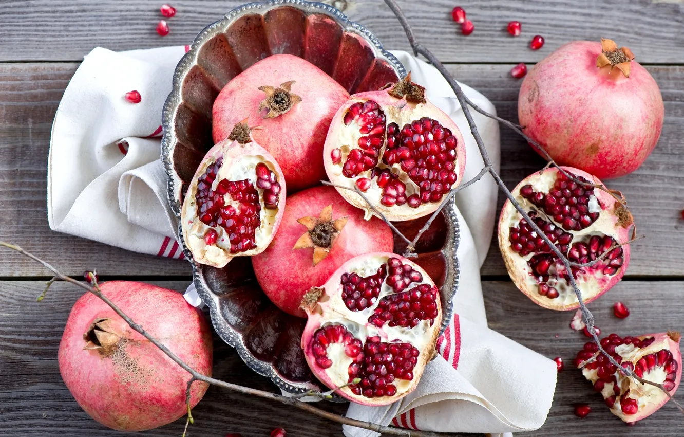 Photo wallpaper winter, branches, red, sprig, grain, plate, fruit, still life
