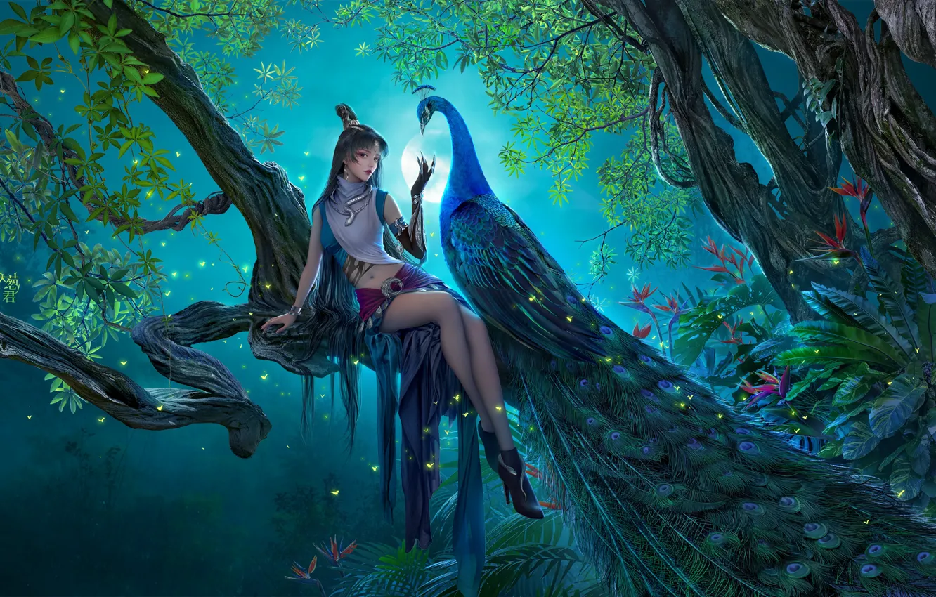 Photo wallpaper girl, trees, flowers, night, nature, the moon, peacock, Xin Xiao Ao Jiang Hu