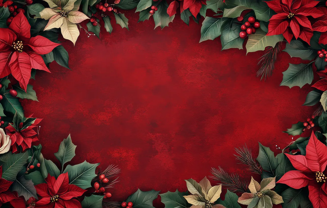 Photo wallpaper leaves, new year, Christmas, red background, Christmas decorations, Holly, Christmas star, AI art