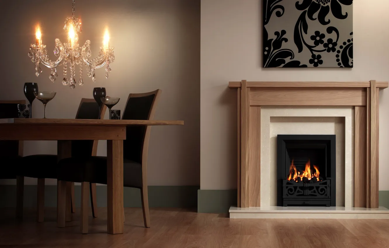 Photo wallpaper design, style, interior, chandelier, fireplace, dining room