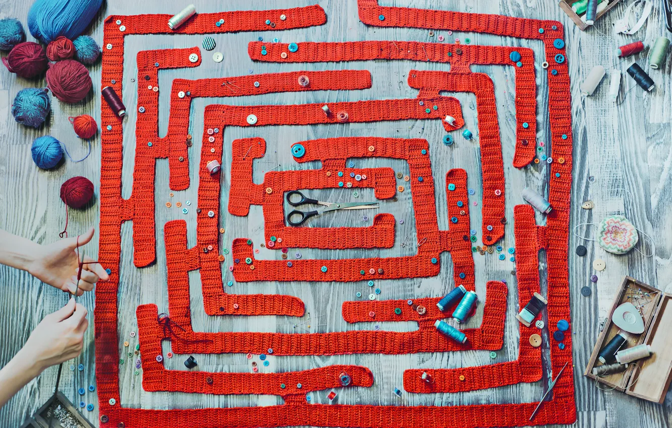 Photo wallpaper maze, buttons, thread, scissors, labyrinth, buttons, scissors, Dina Belenko