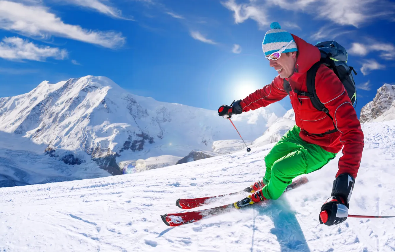Photo wallpaper winter, the sky, the sun, snow, mountains, the descent, sport, hat