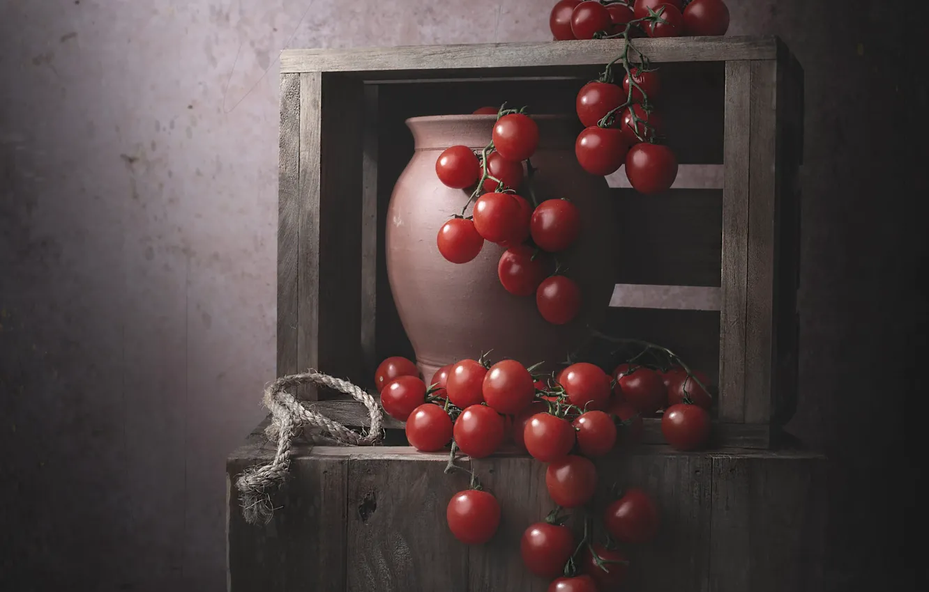 Photo wallpaper the dark background, wall, food, rope, red, pot, still life, box