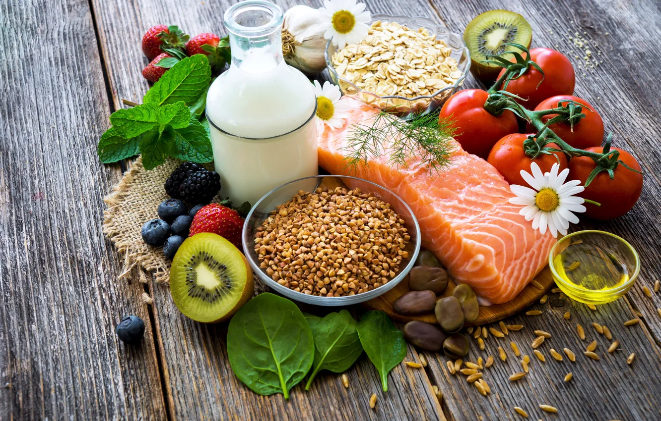 Photo wallpaper greens, fish, kiwi, milk, blueberries, strawberry, still life, tomatoes