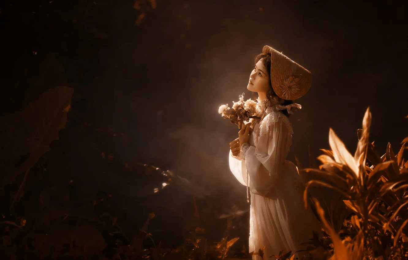 Photo wallpaper look, girl, light, flowers, nature, pose, style, the dark background