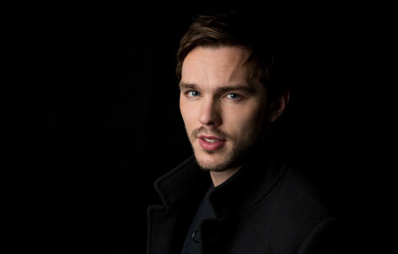 Photo wallpaper look, portrait, actor, black background, coat, photoshoot, Nicholas Hoult, Nicholas Hoult