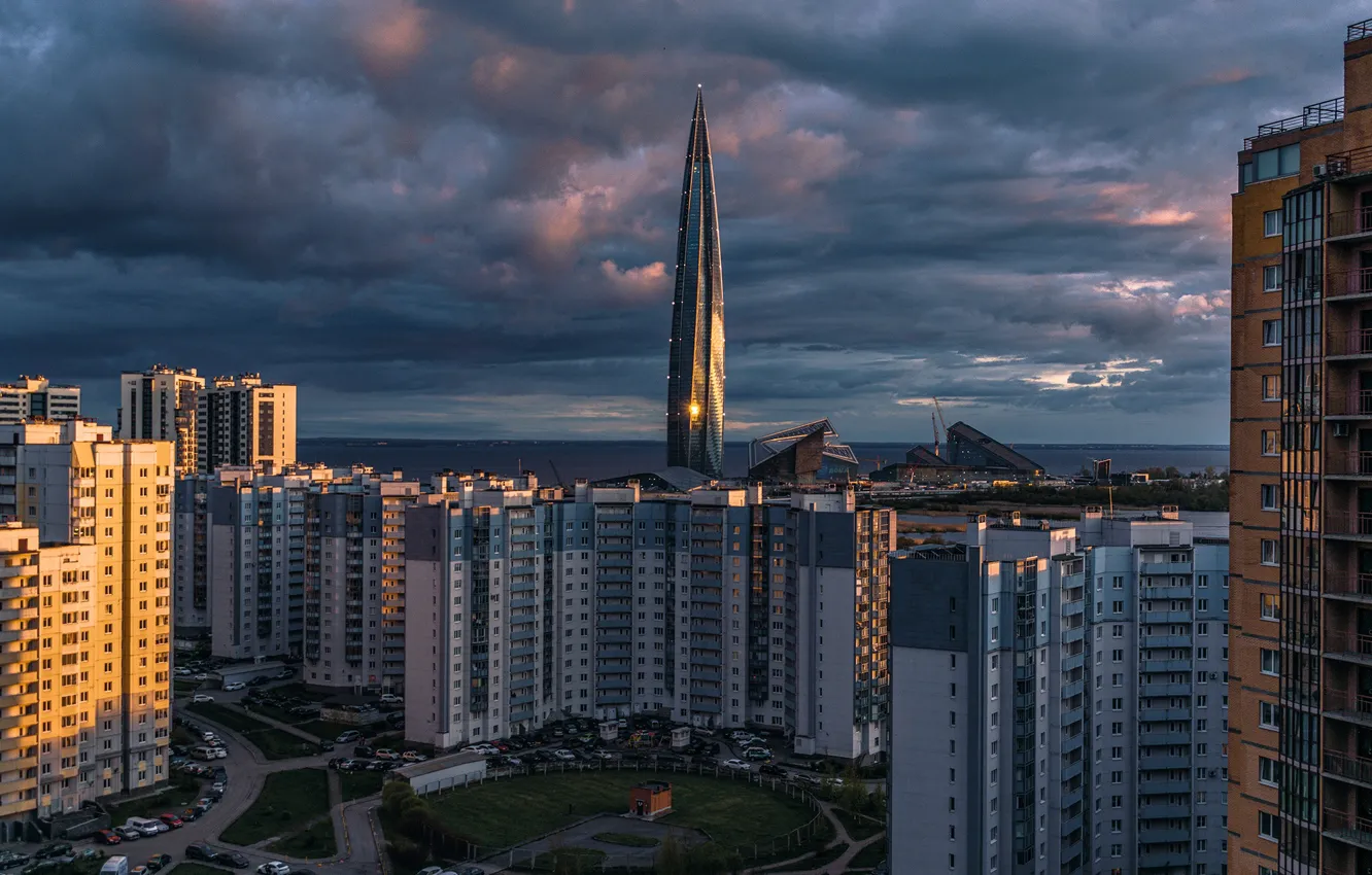 Photo wallpaper clouds, the city, building, home, Peter, Saint Petersburg, architecture, Lakhta center