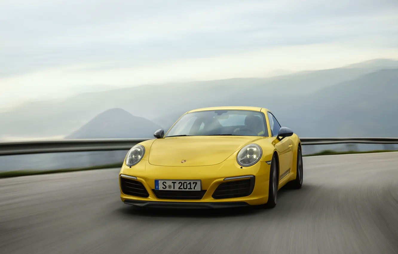 Photo wallpaper road, the sky, asphalt, mountains, yellow, Porsche, 2018, 911 Carrera T