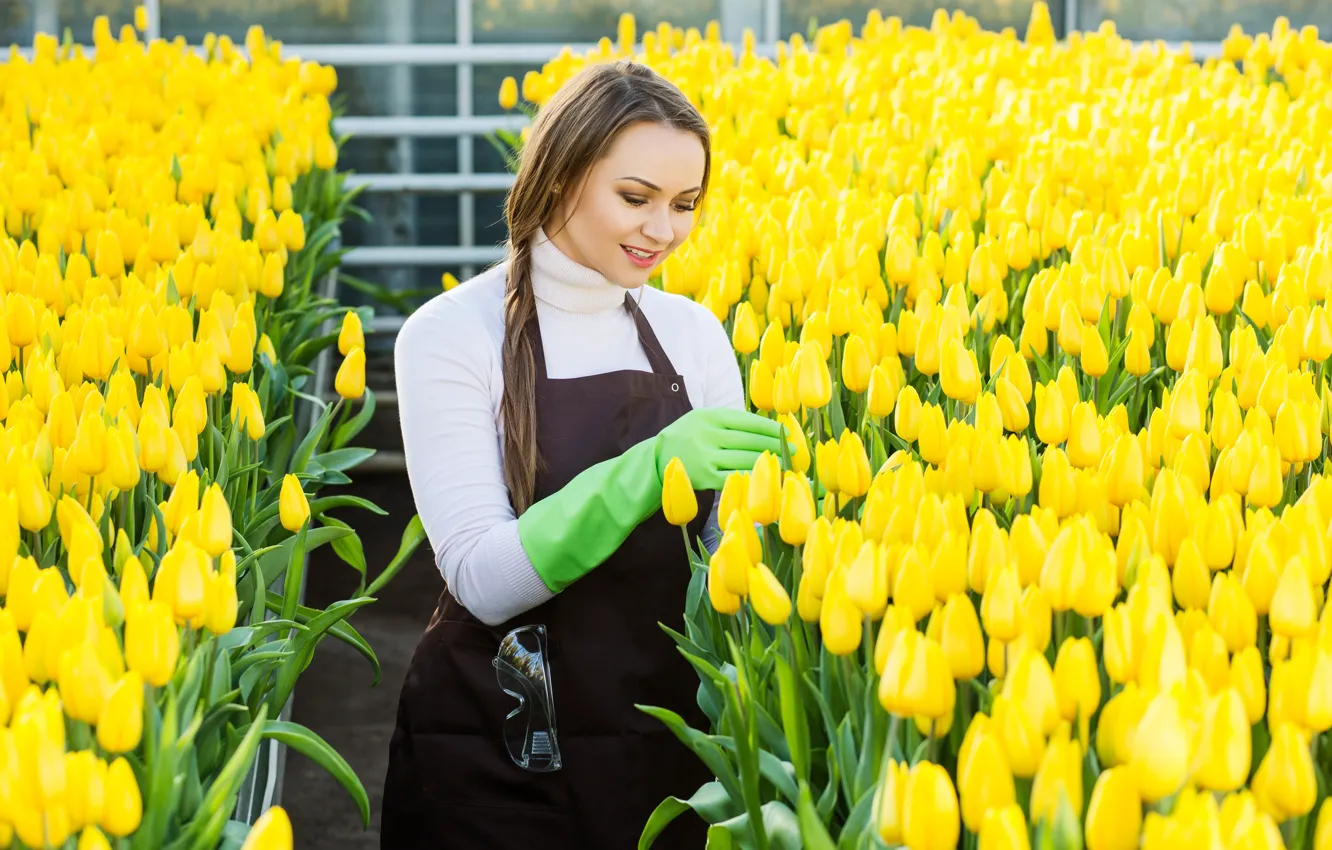 Photo wallpaper flowers, yellow, glasses, tulips, gloves, brown hair, pigtail, apron