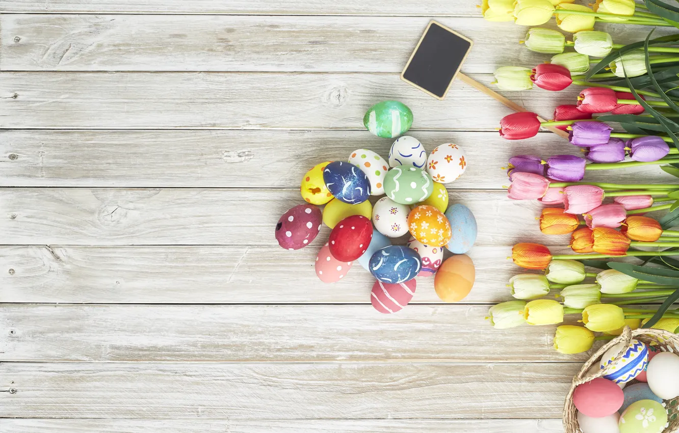 Photo wallpaper flowers, eggs, spring, colorful, Easter, tulips, wood, flowers