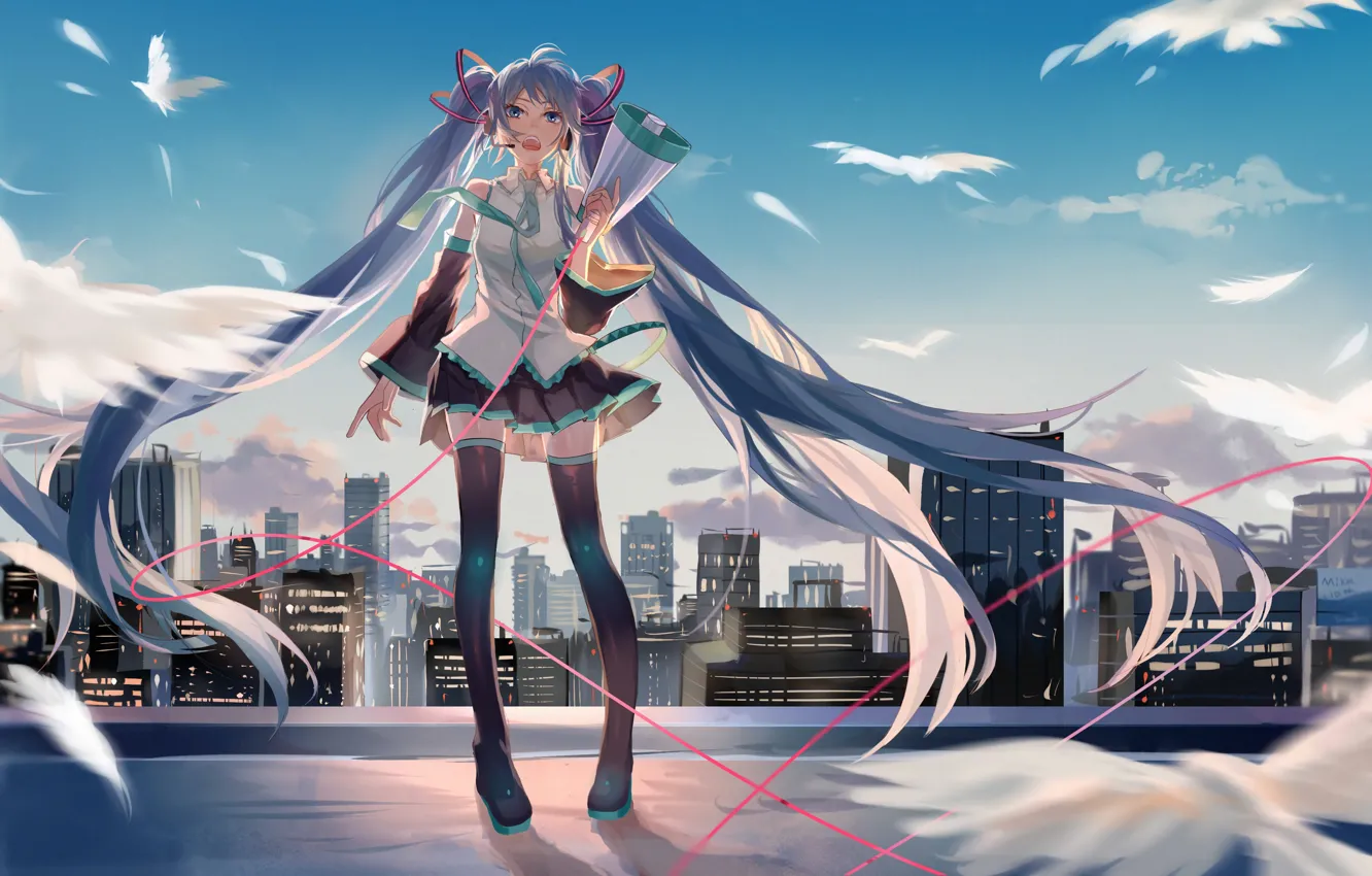Photo wallpaper roof, girl, the city, vocaloid, mouthpiece