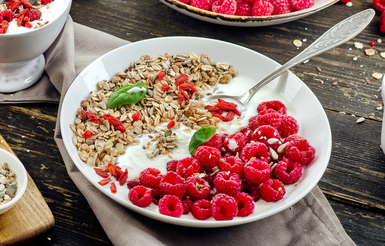 Photo wallpaper raspberry, Breakfast, muesli, yogurt
