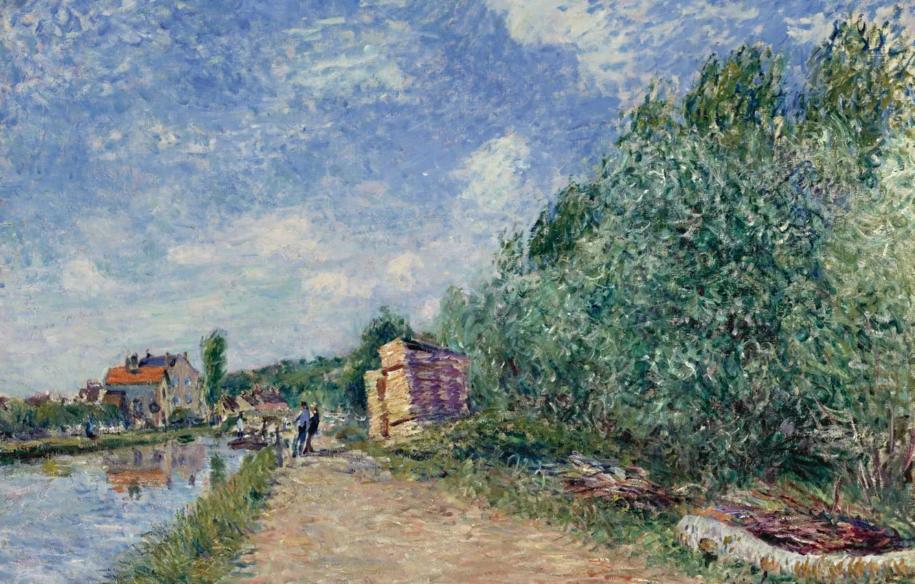 Photo wallpaper landscape, house, river, picture, Alfred Sisley, Alfred Sisley, The Loing Channel. Tow-Path