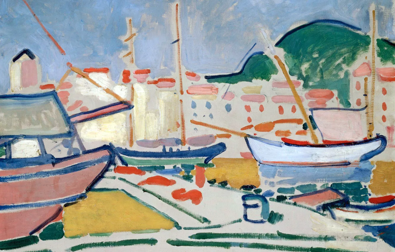 Photo wallpaper landscape, boat, home, yacht, pier, port, Fauvism, Andre Derain