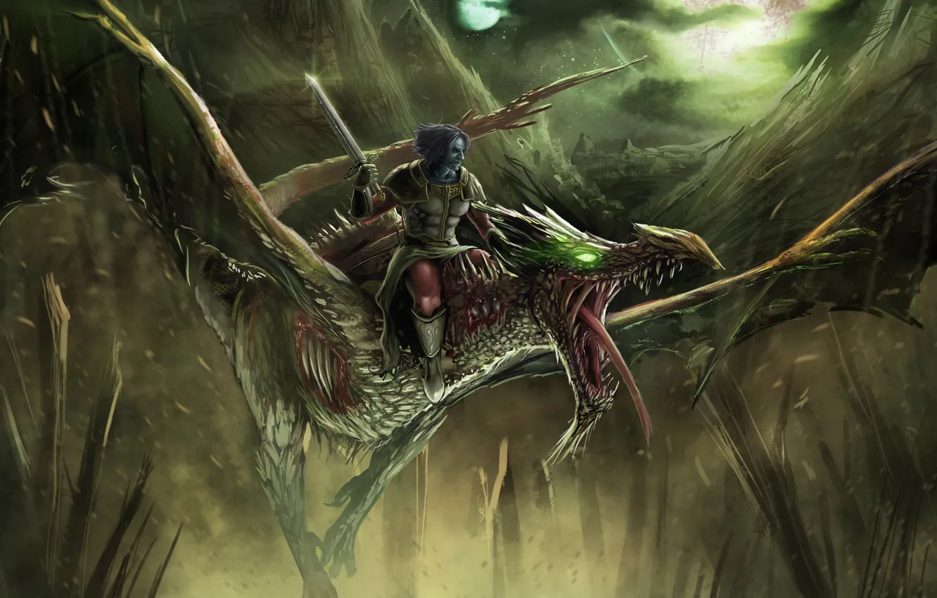 Photo wallpaper flight, rocks, dragon, sword, warrior, art, undead