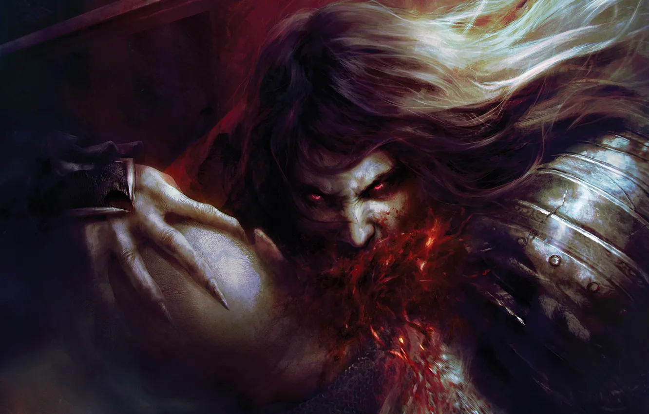 Photo wallpaper look, anger, blood, hair, head, armor, bite, vampire