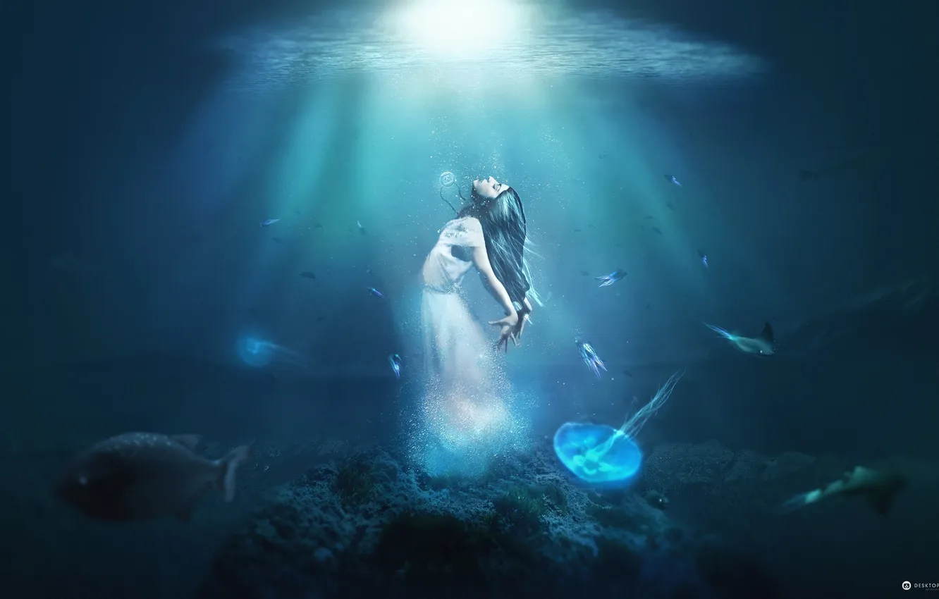 Photo wallpaper water, girl, light, creative, fish, jellyfish, desktopography