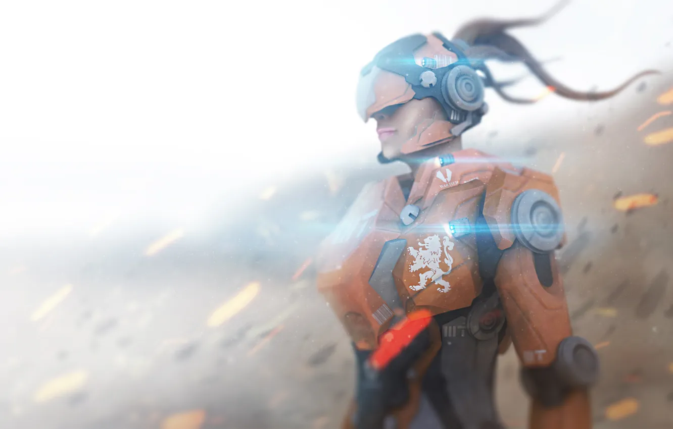 Photo wallpaper girl, fiction, helmet, armor, cyborg, cyberpunk