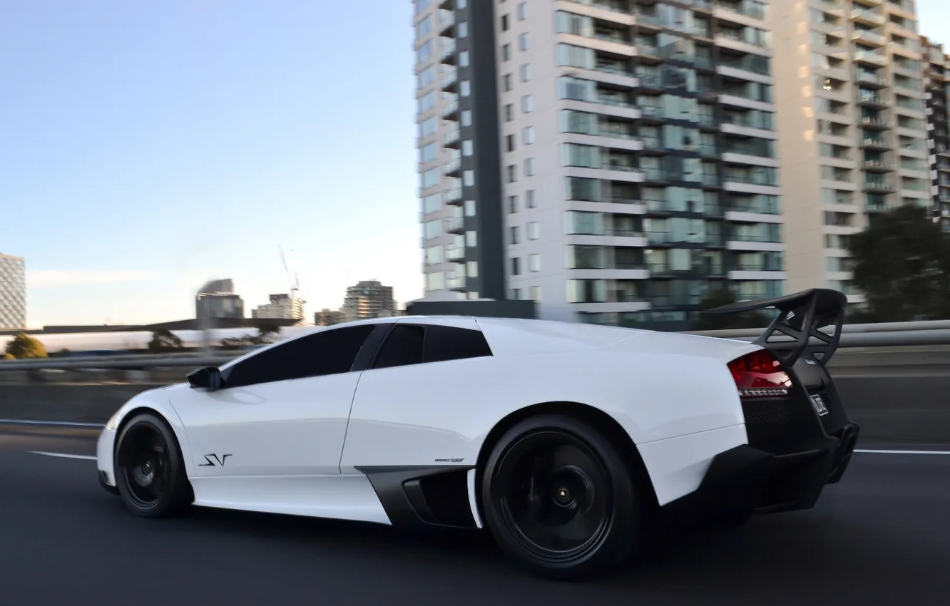 Photo wallpaper road, white, the sky, speed, Lamborghini, white, side view, road
