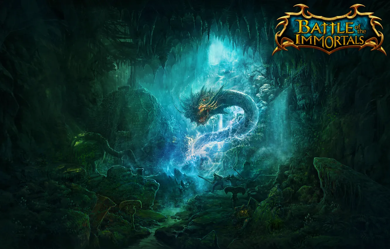 Photo wallpaper dragon, cave, battle, swords, knights, skeletons, game wallpapers, immortal