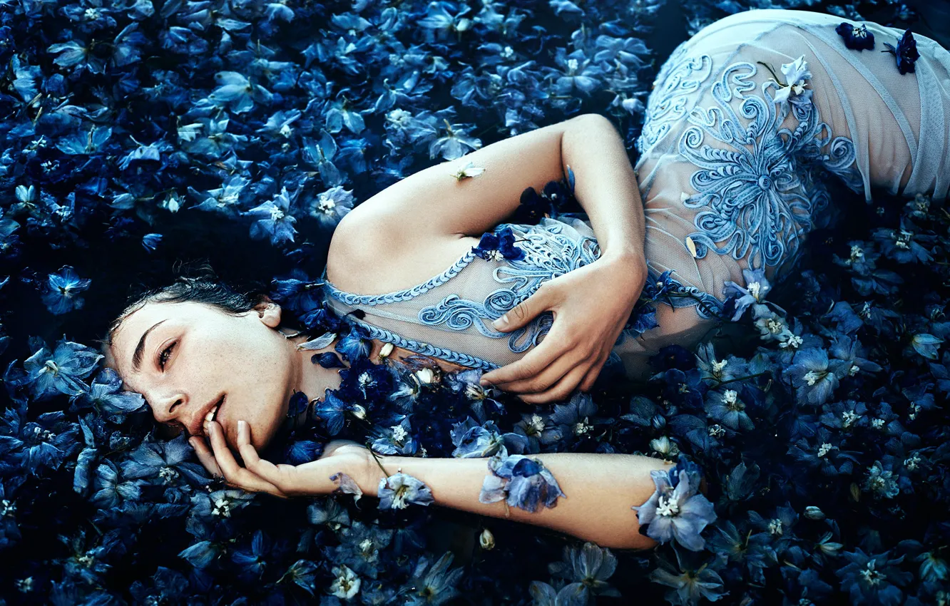 Photo wallpaper girl, flowers, in the water, Bella Kotak, A sea of blue flowers, Ella Grace Denton