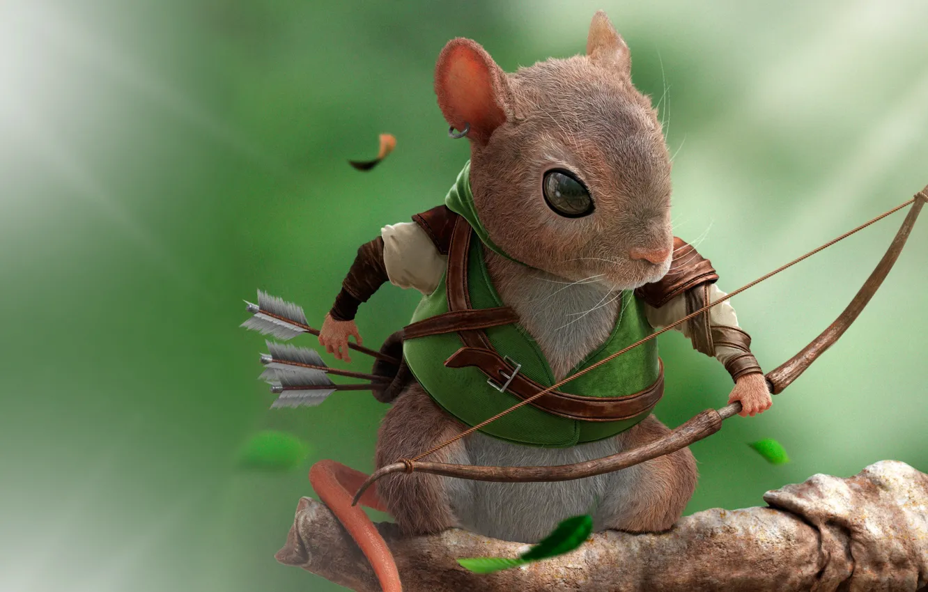 Photo wallpaper forest, rendering, mouse, bow, master, arrows, Robin Hood, children's