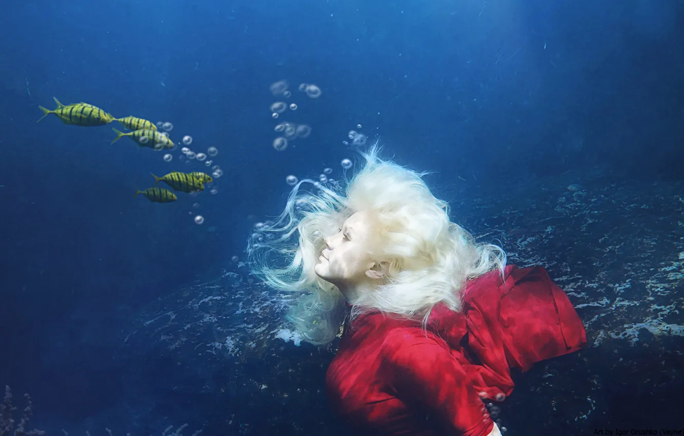 Photo wallpaper sea, water, girl, fish, under water, photoart