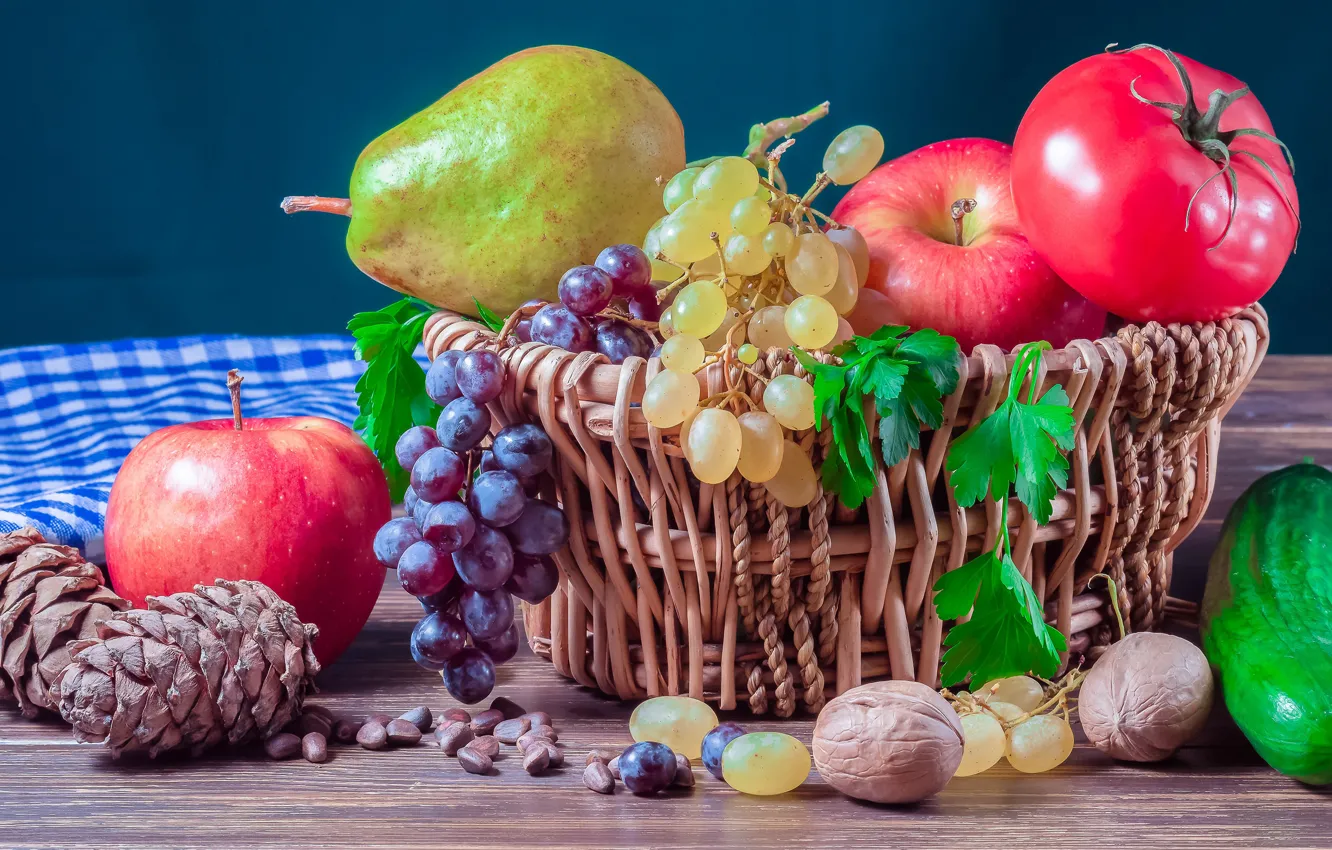 Photo wallpaper table, apples, towel, grapes, fruit, nuts, still life, basket