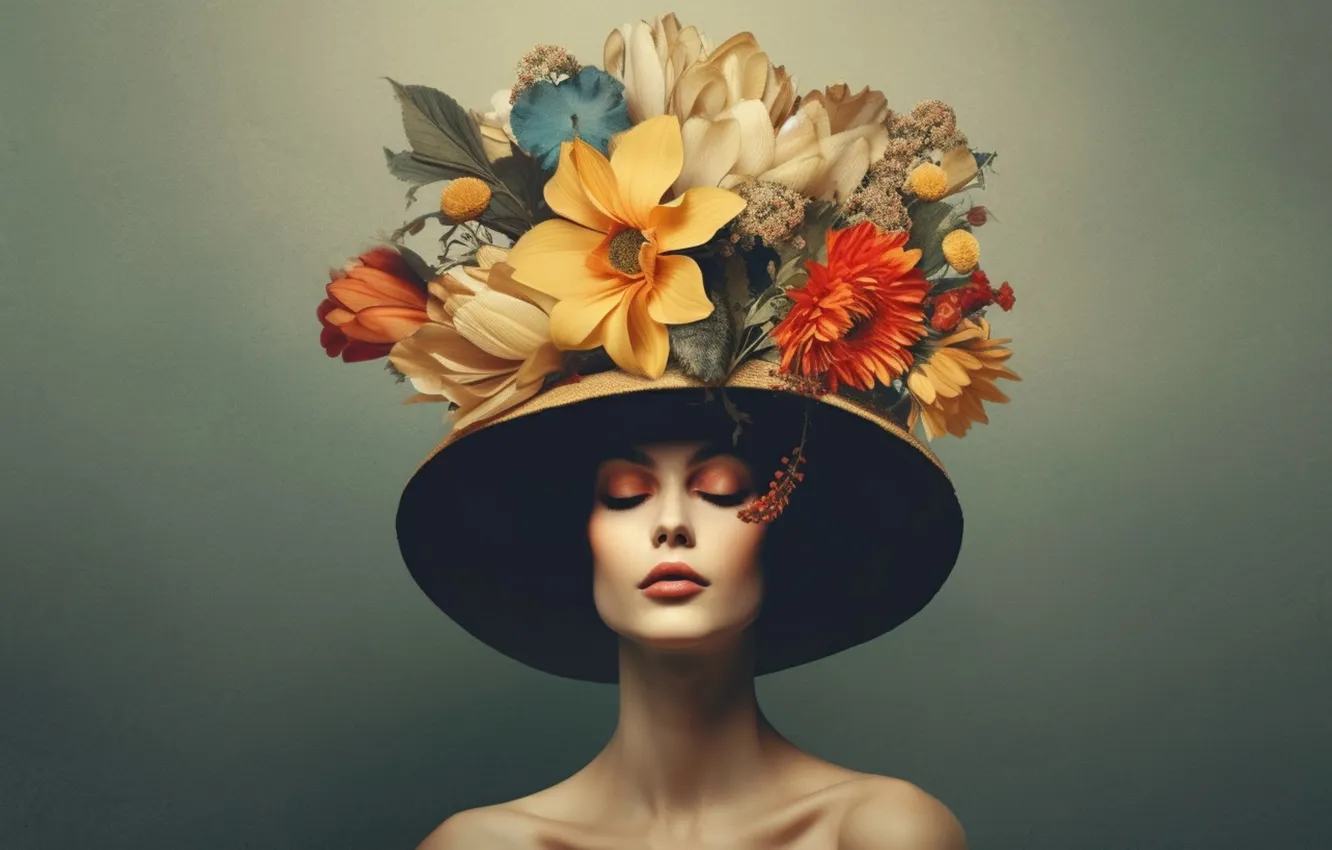 Photo wallpaper girl, flowers, hat, AI art