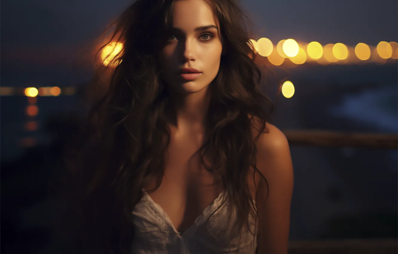 Photo wallpaper chest, look, girl, light, night, lights, portrait, brunette