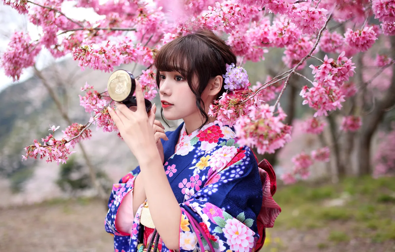 Photo wallpaper branches, Sakura, kimono, Asian