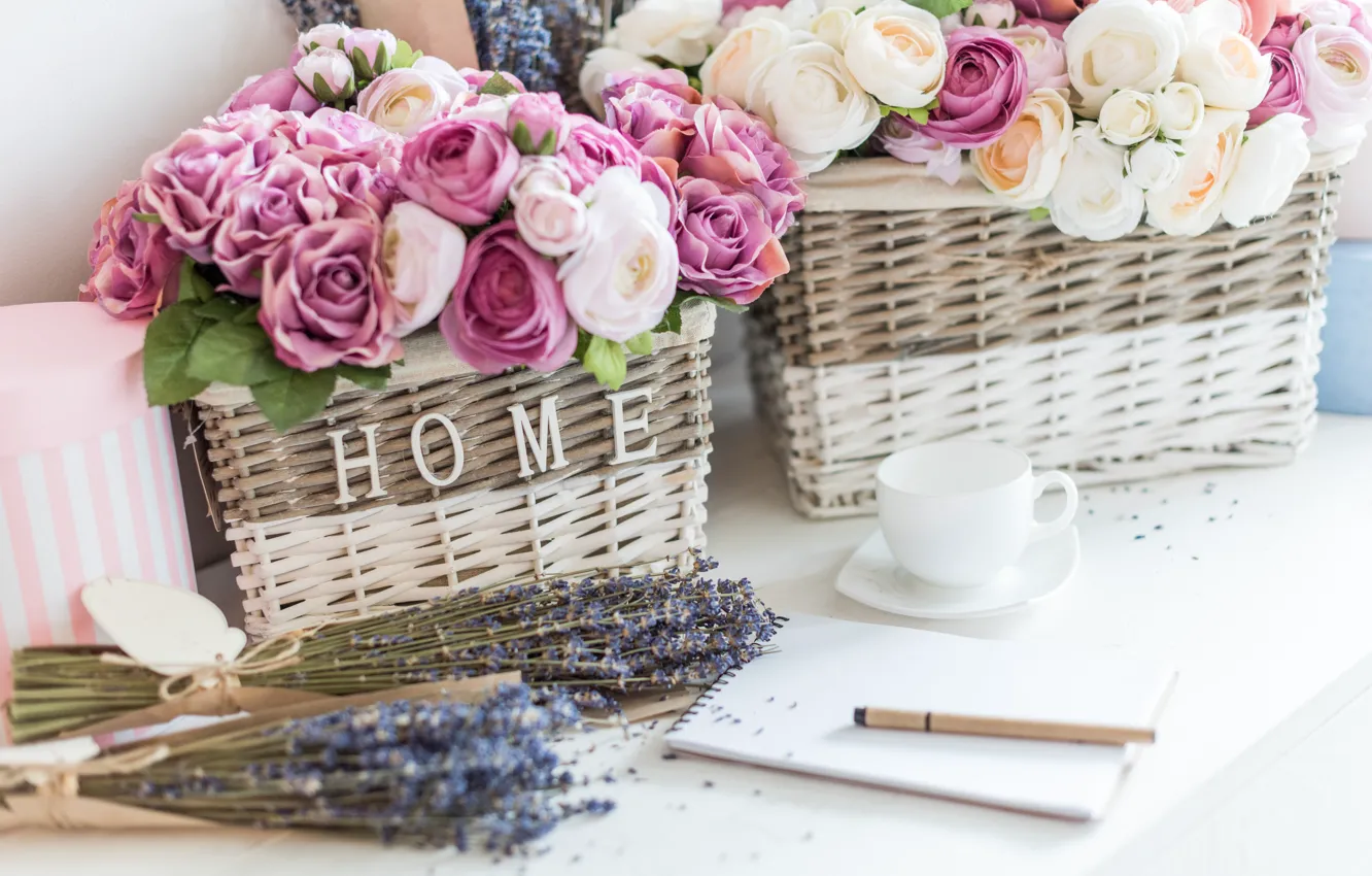 Photo wallpaper flowers, basket, roses, eustoma