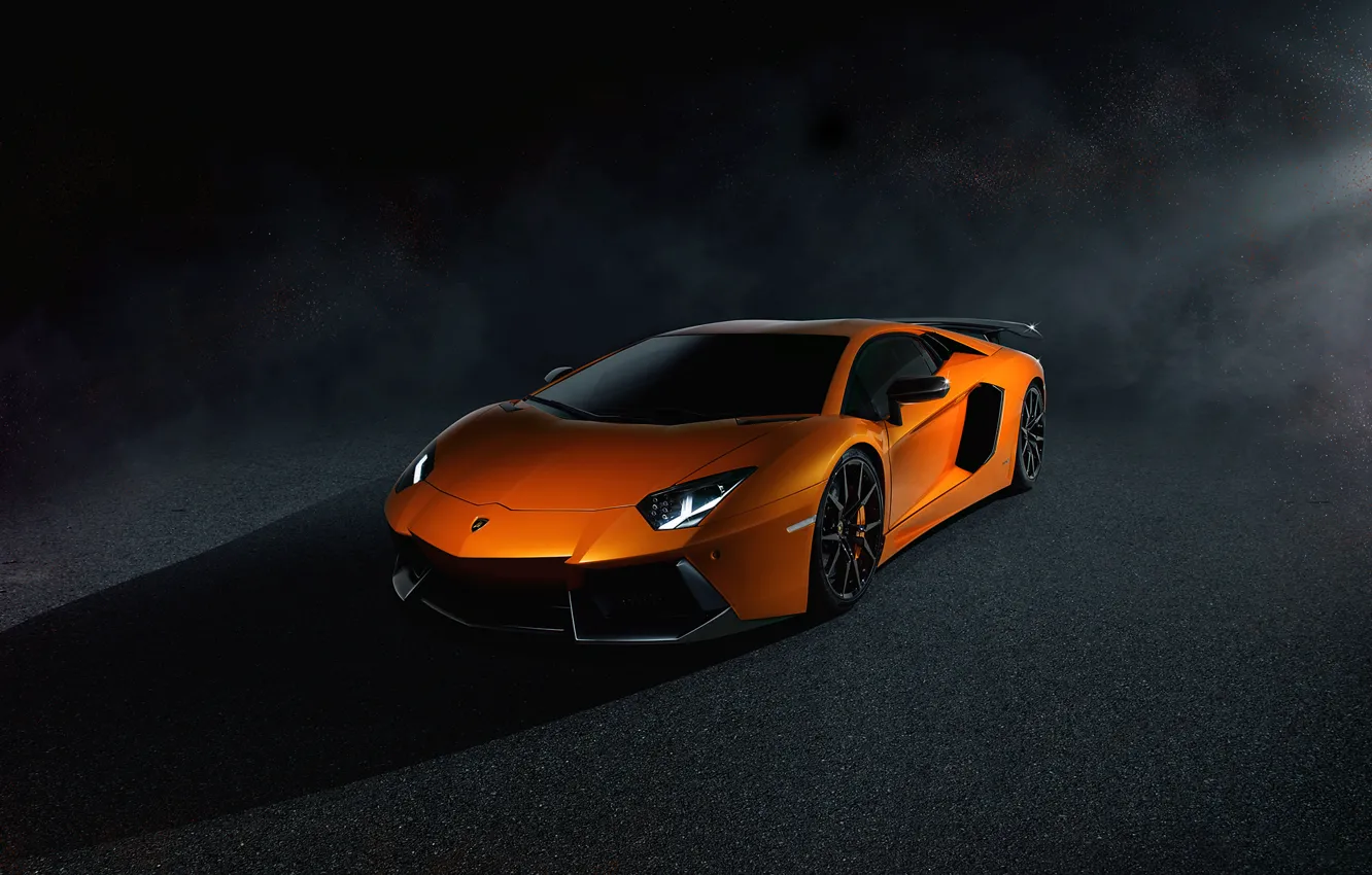 Photo wallpaper Lamborghini, Dark, Light, Orange, LP700-4, Aventador, Supercar, Brake