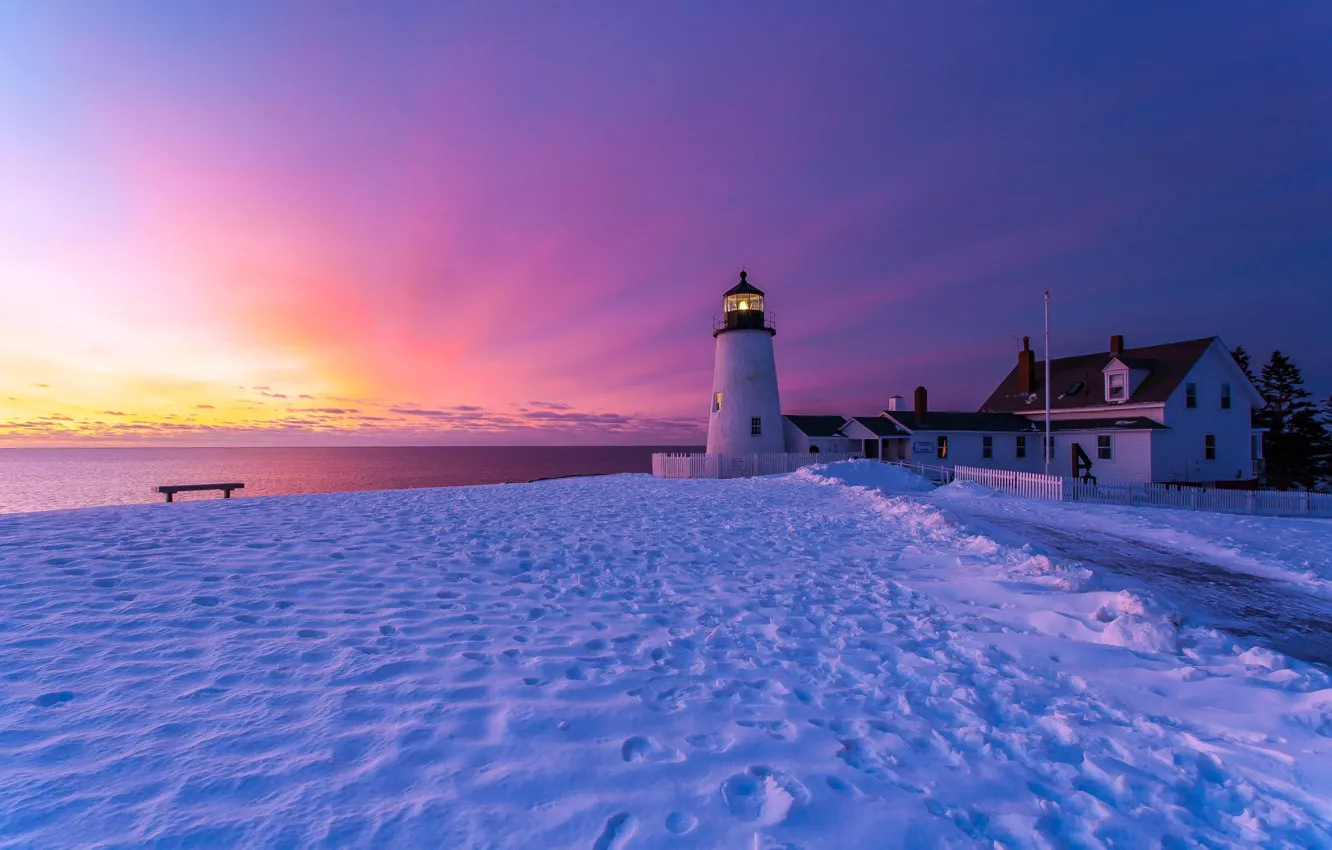 Photo wallpaper winter, the sky, snow, sunset, traces, shore, lighthouse, England