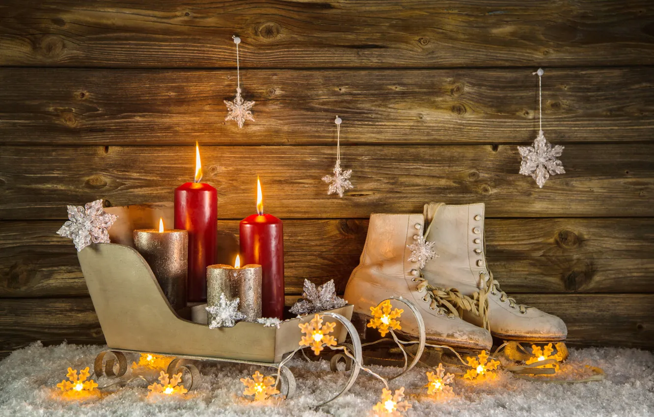 Photo wallpaper decoration, candles, New Year, Christmas, Christmas, vintage, New Year, skates