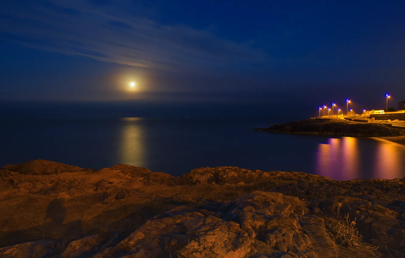 Photo wallpaper sea, beach, the moon, calm, Night, lights, moonlight