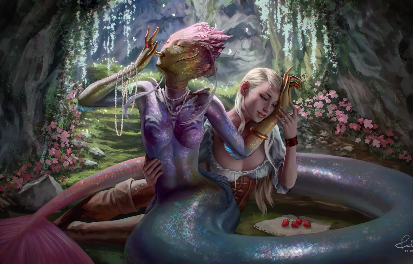 Photo wallpaper decoration, flowers, smile, berries, ideal, mermaid, strawberry, beautiful girl