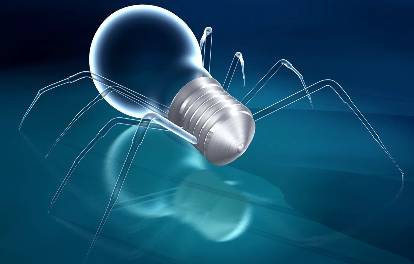 Photo wallpaper reflection, rendering, spider, light bulb