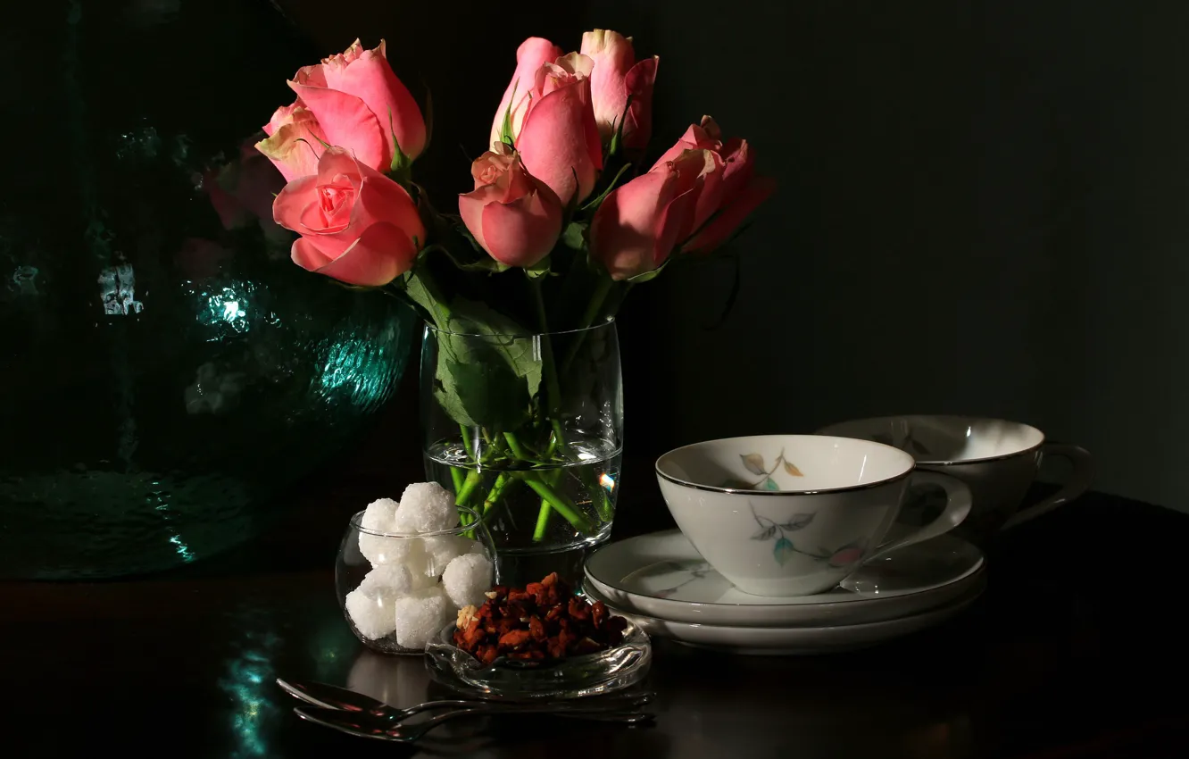 Photo wallpaper rose, bouquet, Cup, sugar, still life
