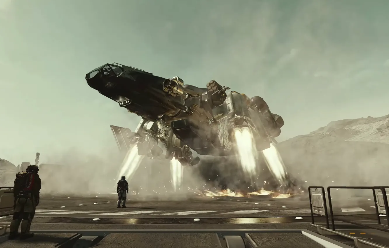 Photo wallpaper engine, flame, smoke, people, ship, the suit, landing, Starfield