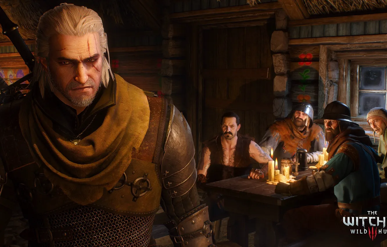 Photo wallpaper the Witcher, scar, witcher, tavern, Geralt of Rivia, White Wolf, The Witcher 3: Wild Hunt, …