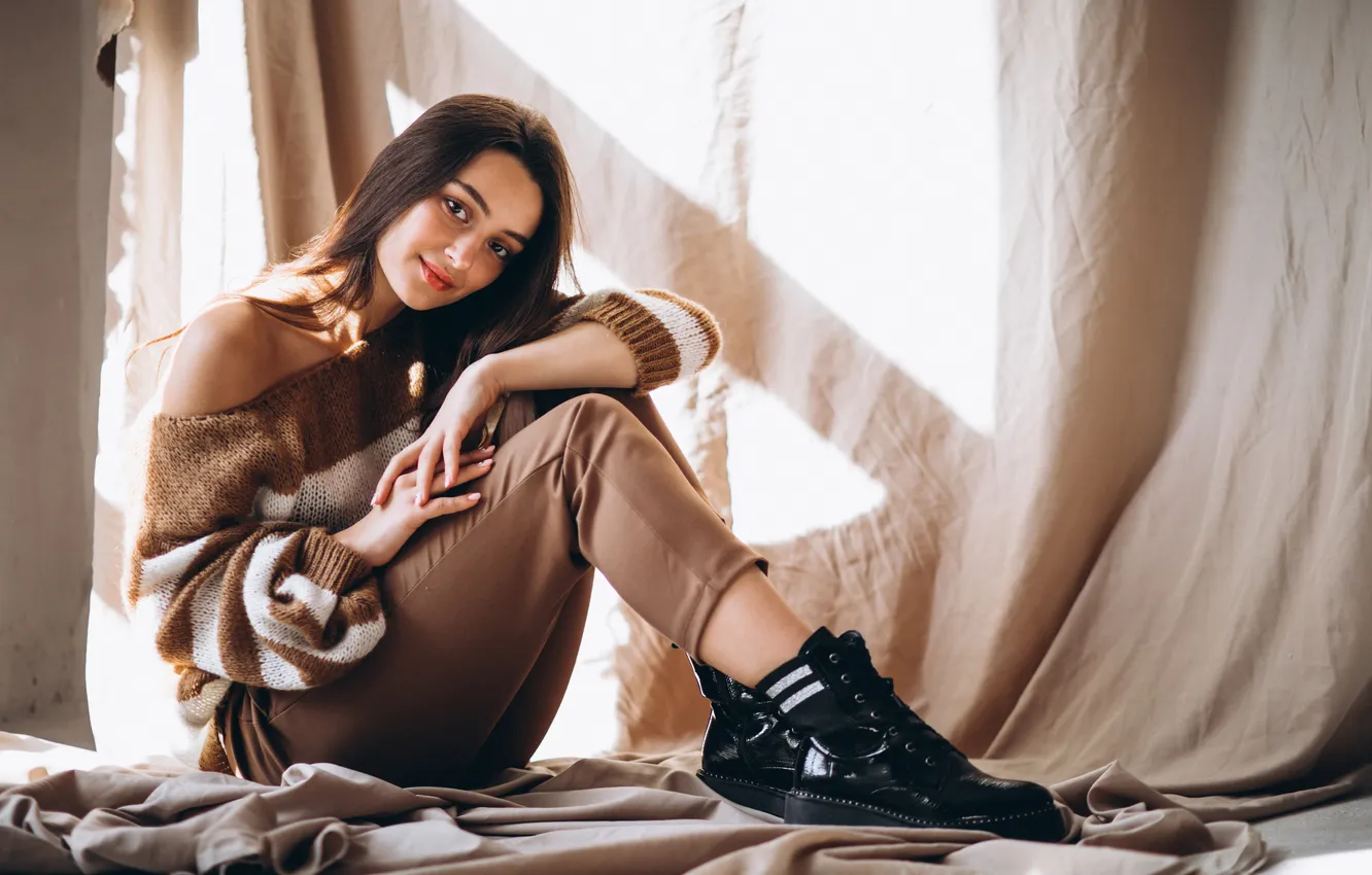 Photo wallpaper woman, young, sitting, warm, ground, sweater