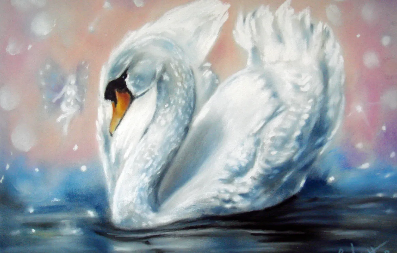 Photo wallpaper white, water, wings, fairy, Swan, painting