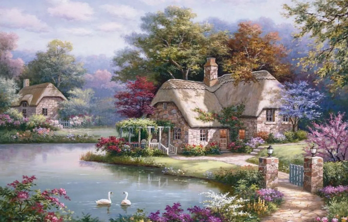 Photo wallpaper river, home, picture, painting, swans, painting, Sung Kim