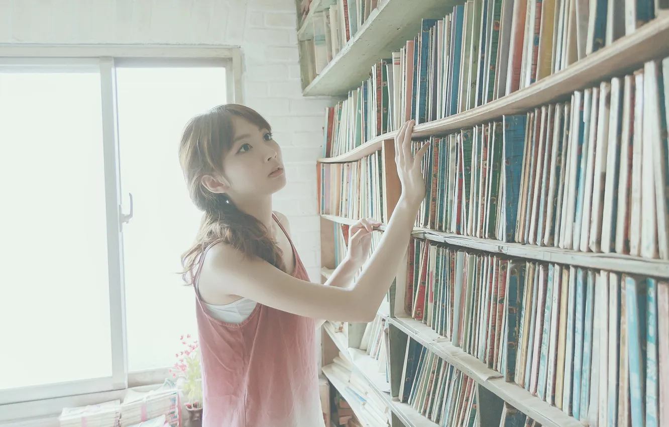 Photo wallpaper books, Girl, library, Asian