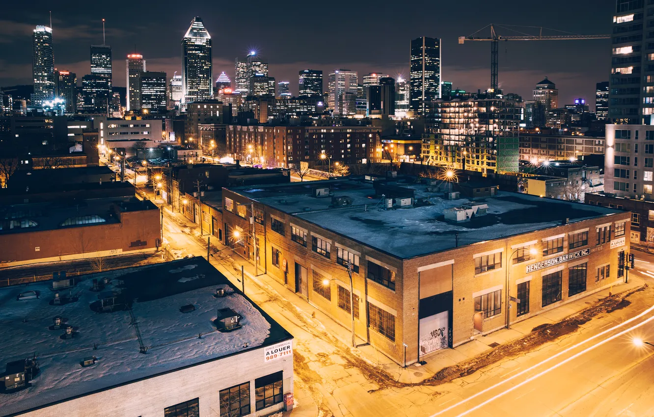 Photo wallpaper winter, snow, night, the city, street, home, Montreal