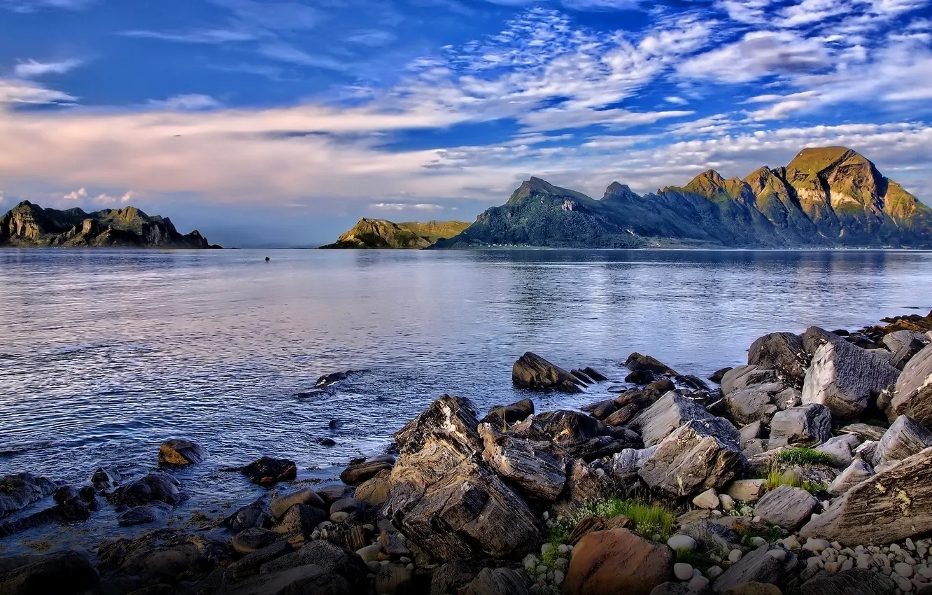 Photo wallpaper the sky, clouds, mountains, lake, stones