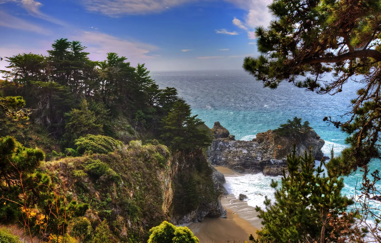 Photo wallpaper beach, trees, open, the ocean, rocks, waterfall