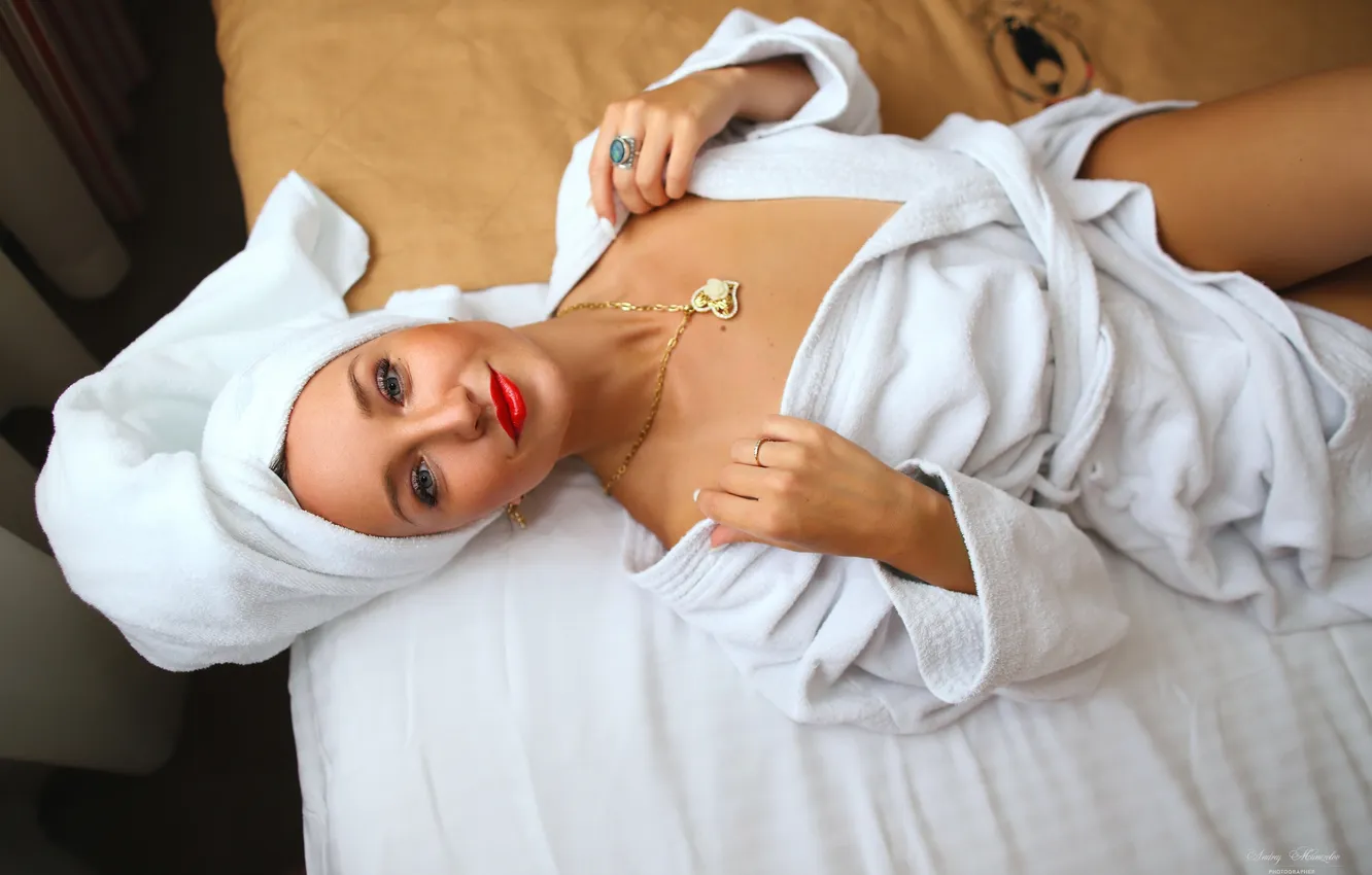 Photo wallpaper girl, sweetheart, model, brunette, Towel, Wallpaper, Bed, Pendant